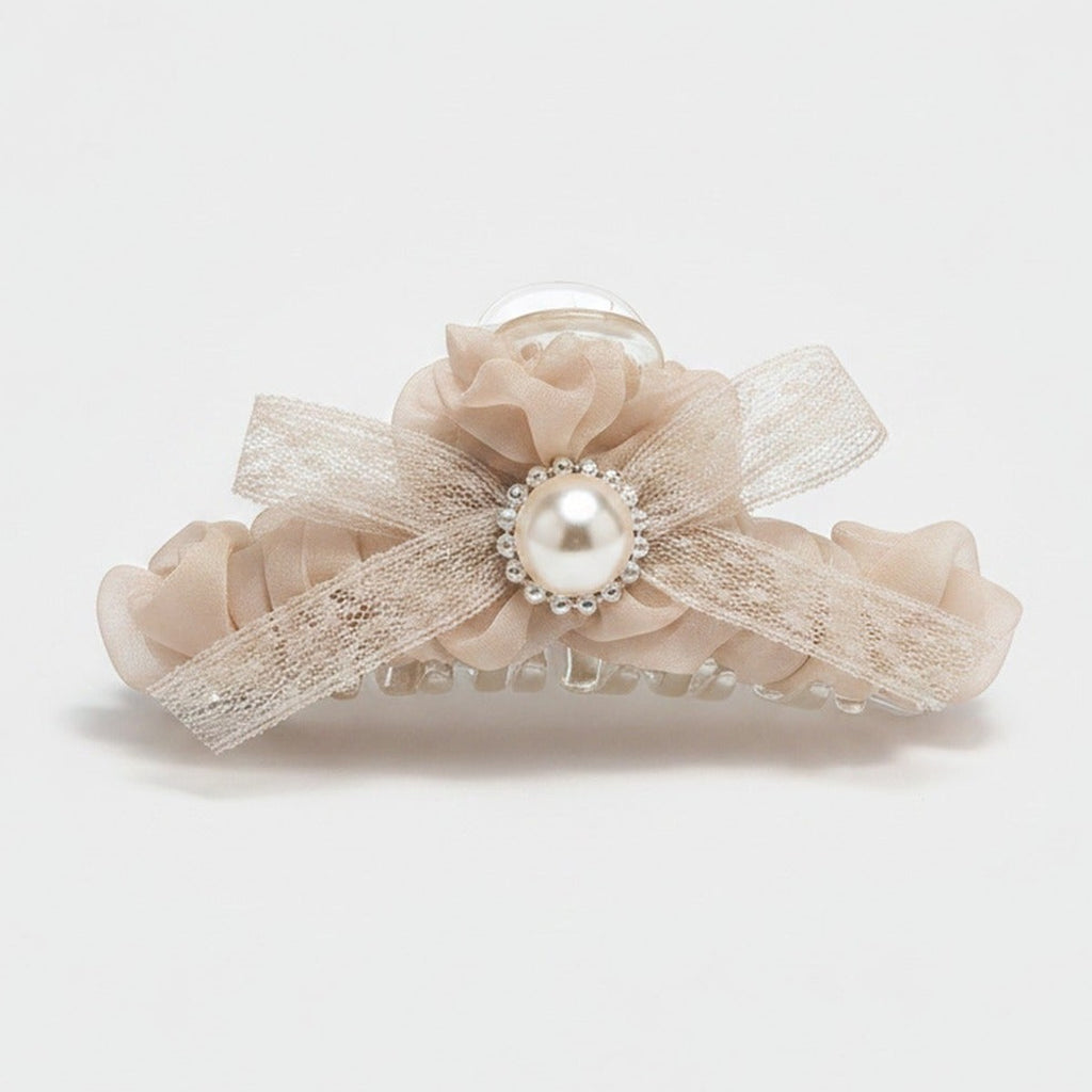 Pearl Beaded Bow Hair Claw Clip - Light Caramel – hair accessories (view 1)