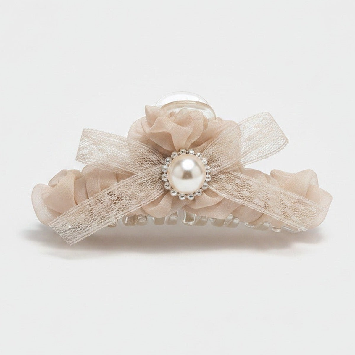 Pearl Beaded Bow Hair Claw Clip - Light Caramel – hair accessories (view 1)