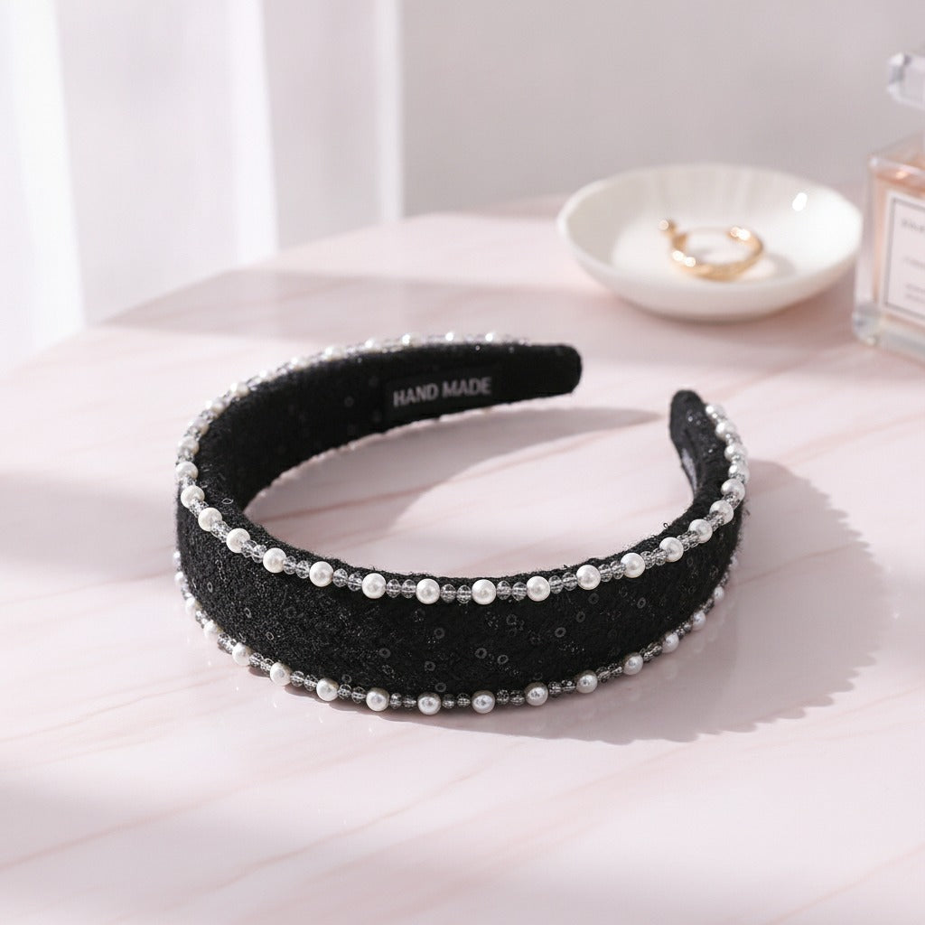 Pearl Embellished Padded Headband - Black