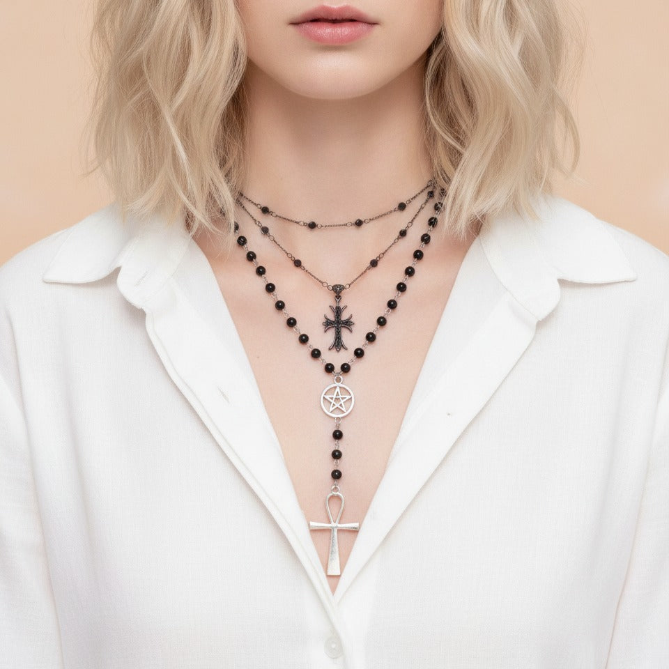 Layered Cross & Beaded Charm Necklace - Silver & Black