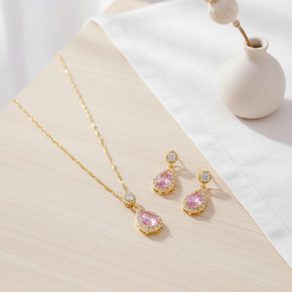 Pink Crystal Drop Jewelry Duo - Gold