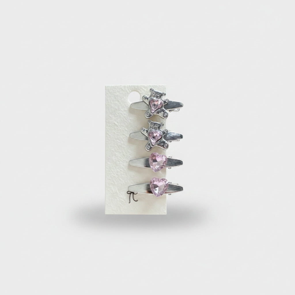 Gemstone Heart Claw Hair Clip Set Pink Bear