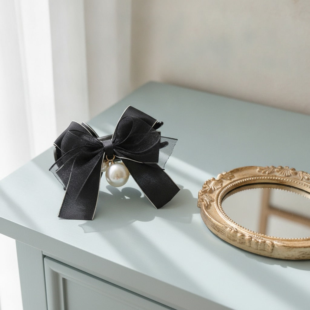 Ruched Satin Hair Claw - Black
