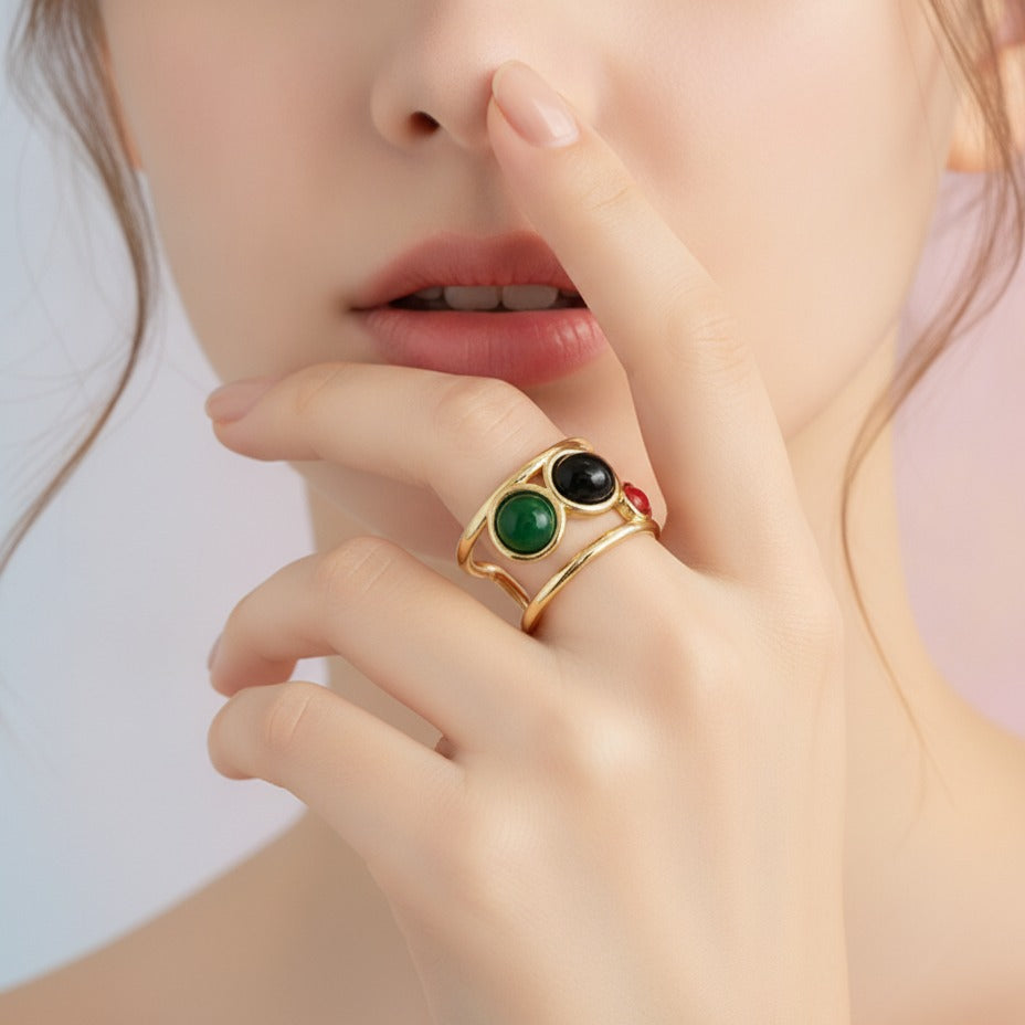 Colorblock Stone Cuff Ring - Gold Multi