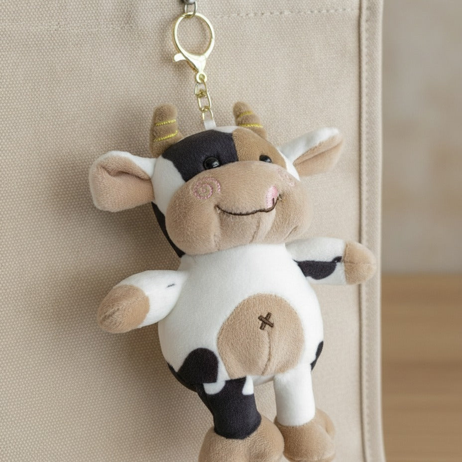 Smiling Cow Plush Keychain - Cream & Black