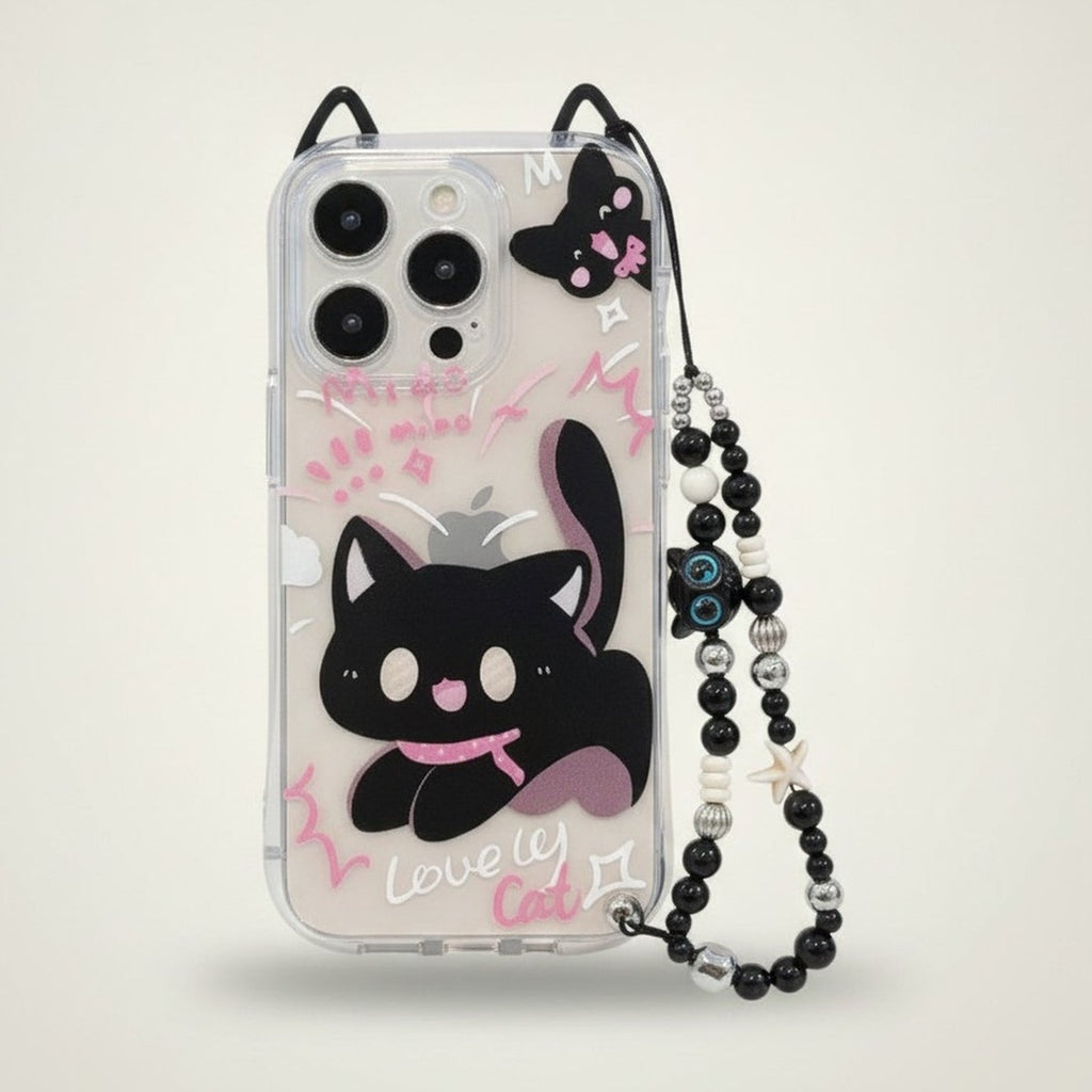Cute Black Cartoon Cat Clear iPhone Case with Beaded Lanyard – tech (view 1)