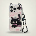 Cute Black Cartoon Cat Clear iPhone Case with Beaded Lanyard – tech (view 1)