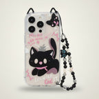 Cute Black Cartoon Cat Clear iPhone Case with Beaded Lanyard – tech (view 1)