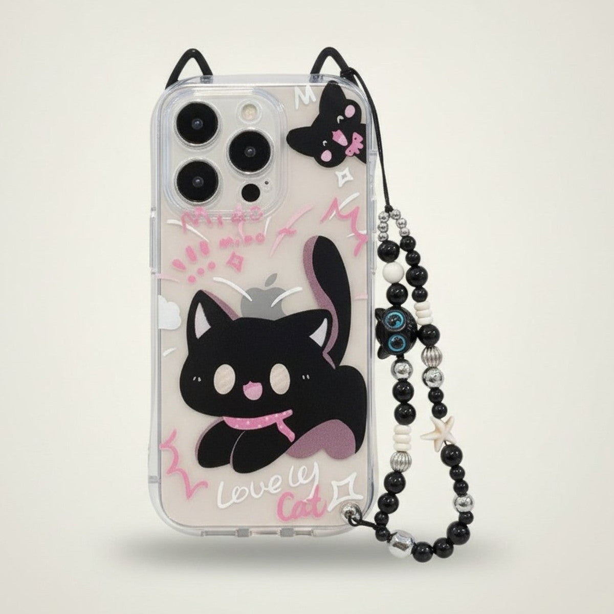 Cute Black Cartoon Cat Clear iPhone Case with Beaded Lanyard – tech (view 1)