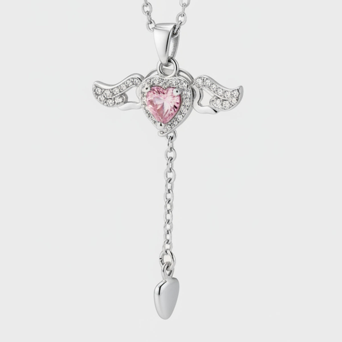 Pink Heart Wings Rhinestone Drop Necklace – jewelry (view 1)