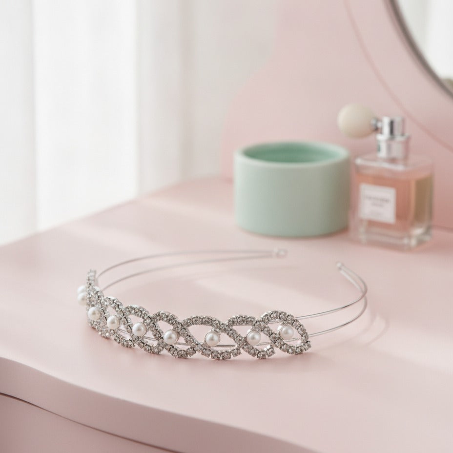 Crystal Pearl Padded Headband - Silver Pearl