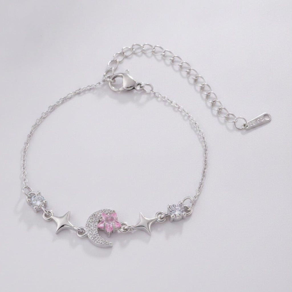 Moon Star Charm Bracelet With Rhinestones - Pink Diamond Star Moon Bracelet Silver E2952 – jewelry (view 1)