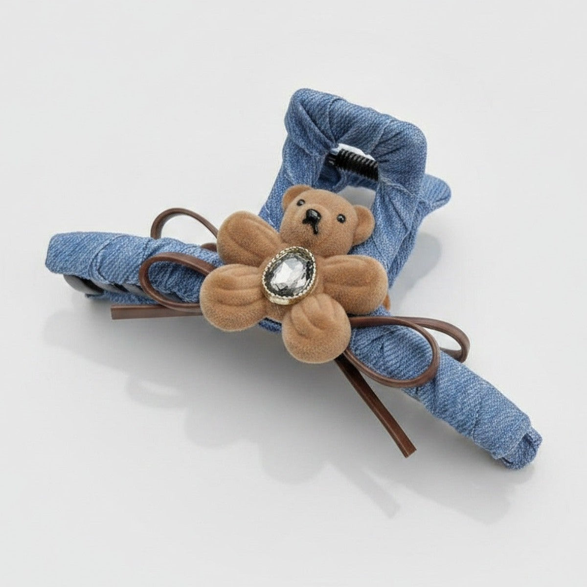 Denim Teddy Bear Hair Claw Clip - Camel/Blue Flower Bear Denim Claw Clip – hair accessories (view 1)