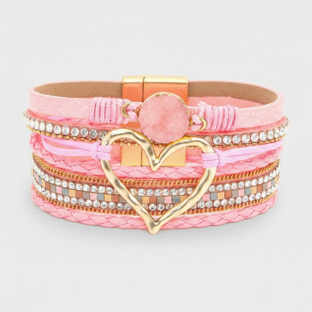 Leather Heart Rhinestone Multi-Strand Bracelet - Pink Heart Charm – jewelry (view 1)