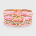 Leather Heart Rhinestone Multi-Strand Bracelet - Pink Heart Charm – jewelry (view 1)