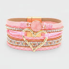 Leather Heart Rhinestone Multi-Strand Bracelet - Pink Heart Charm – jewelry (view 1)