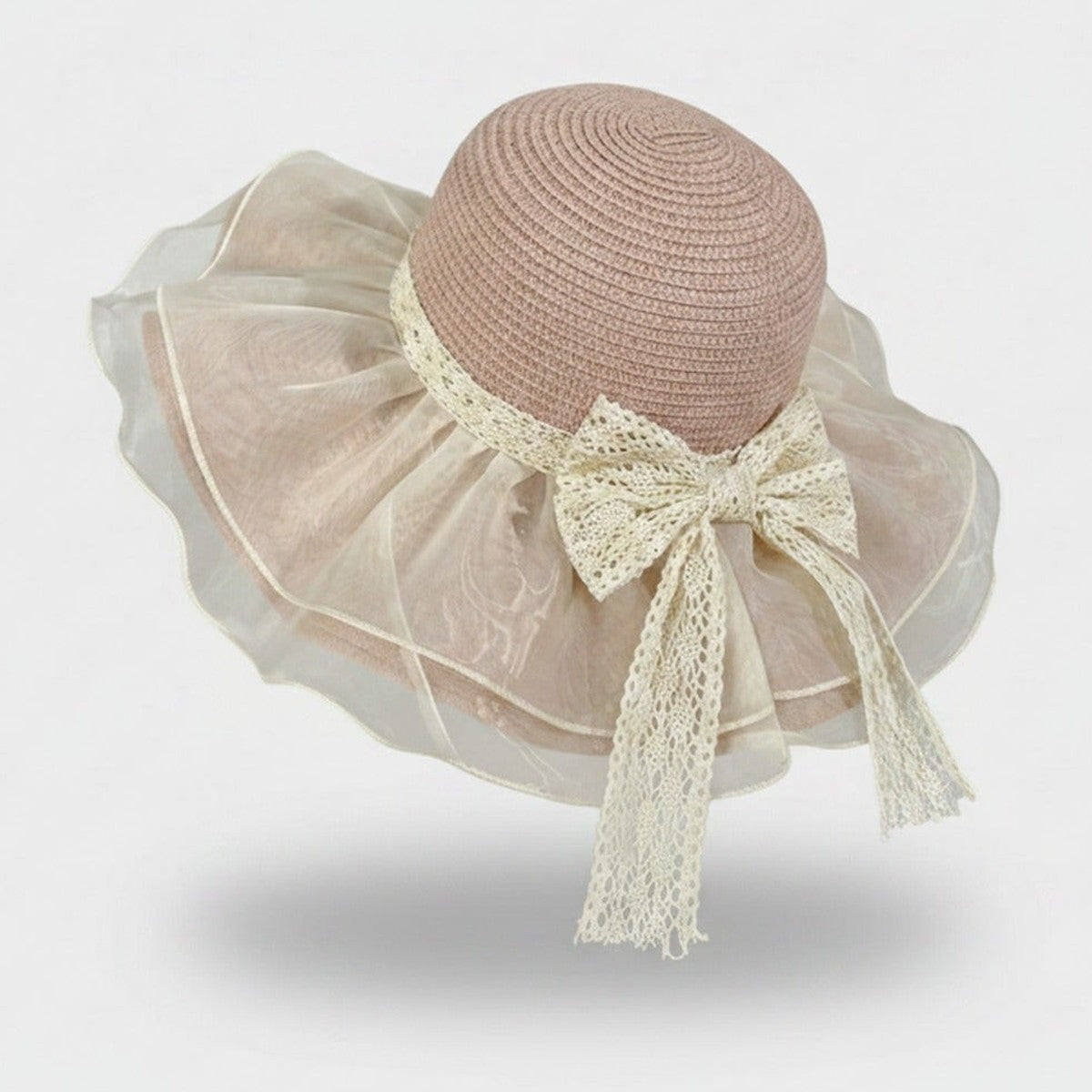 Cream Lace Bow Straw Sun Hat – apparel accessories (view 1)