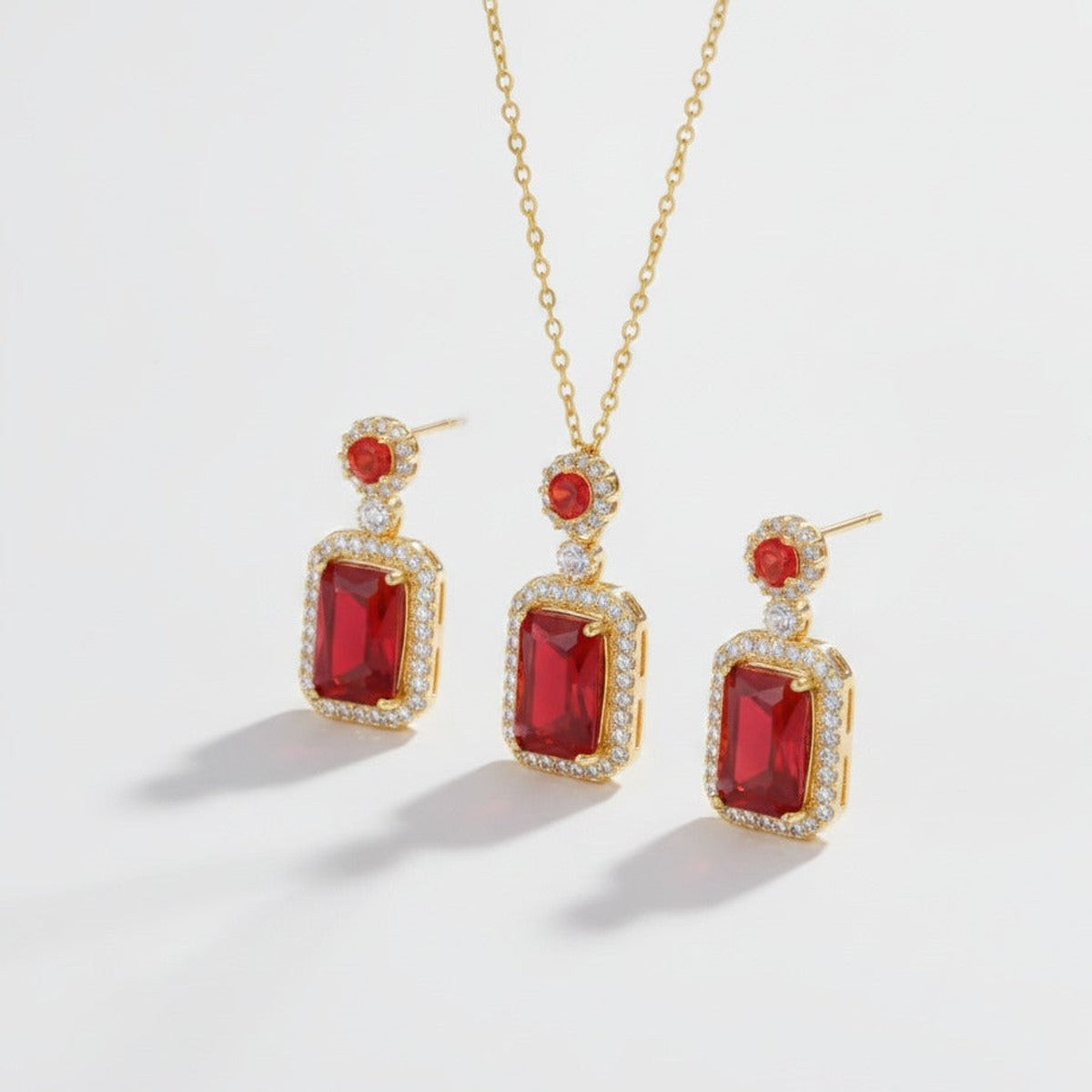 Emerald Cut Crystal Jewelry Set - Red