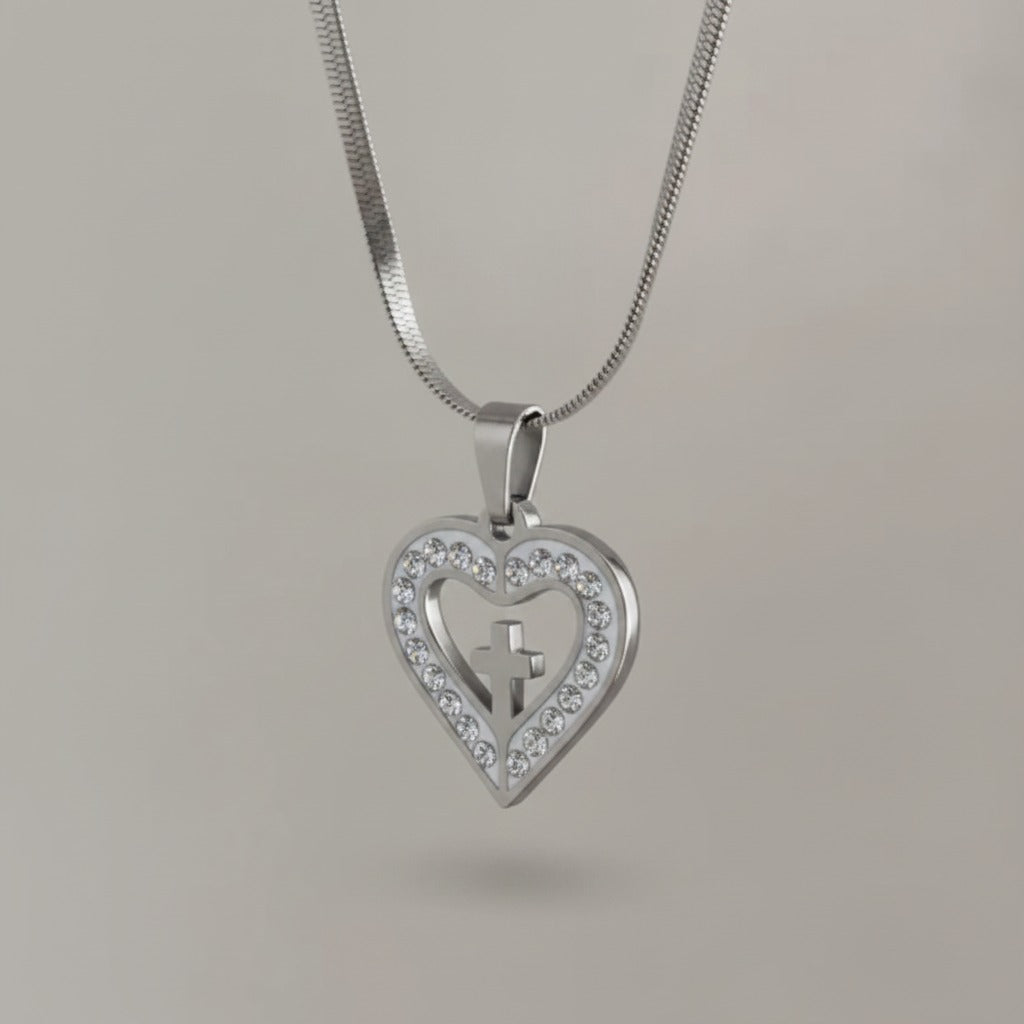 Rhinestone Heart Cross Pendant Necklace - Silver