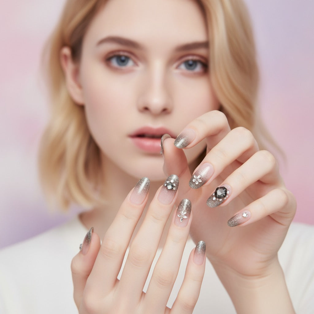Glam Ombre Press-On Nails Set - Silver Ombre