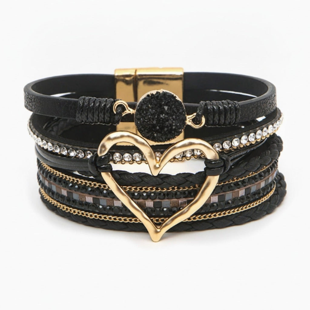 Leather Heart Rhinestone Multi-Strand Bracelet - Black Gold Heart – jewelry (view 1)