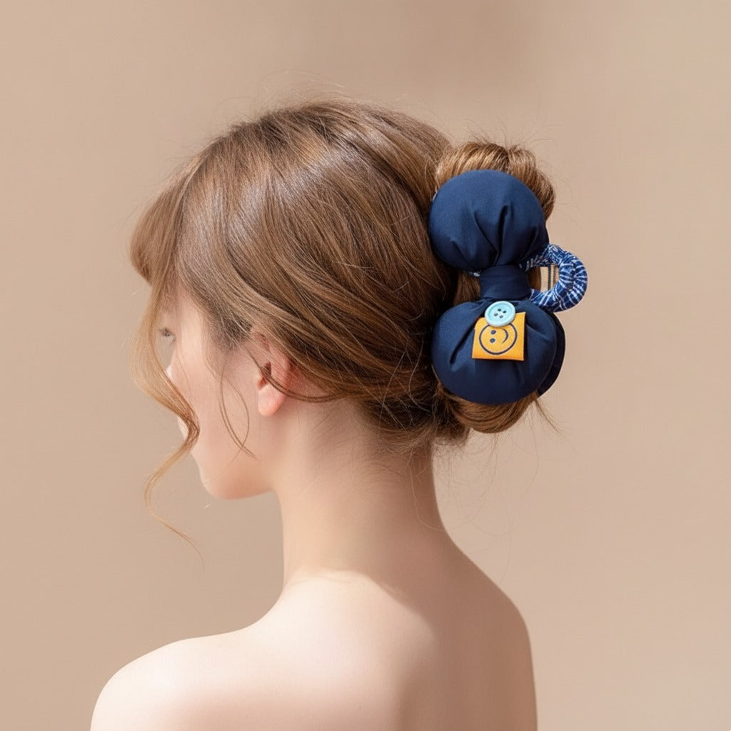 Puffy Bow Hair Claw - Navy Blue