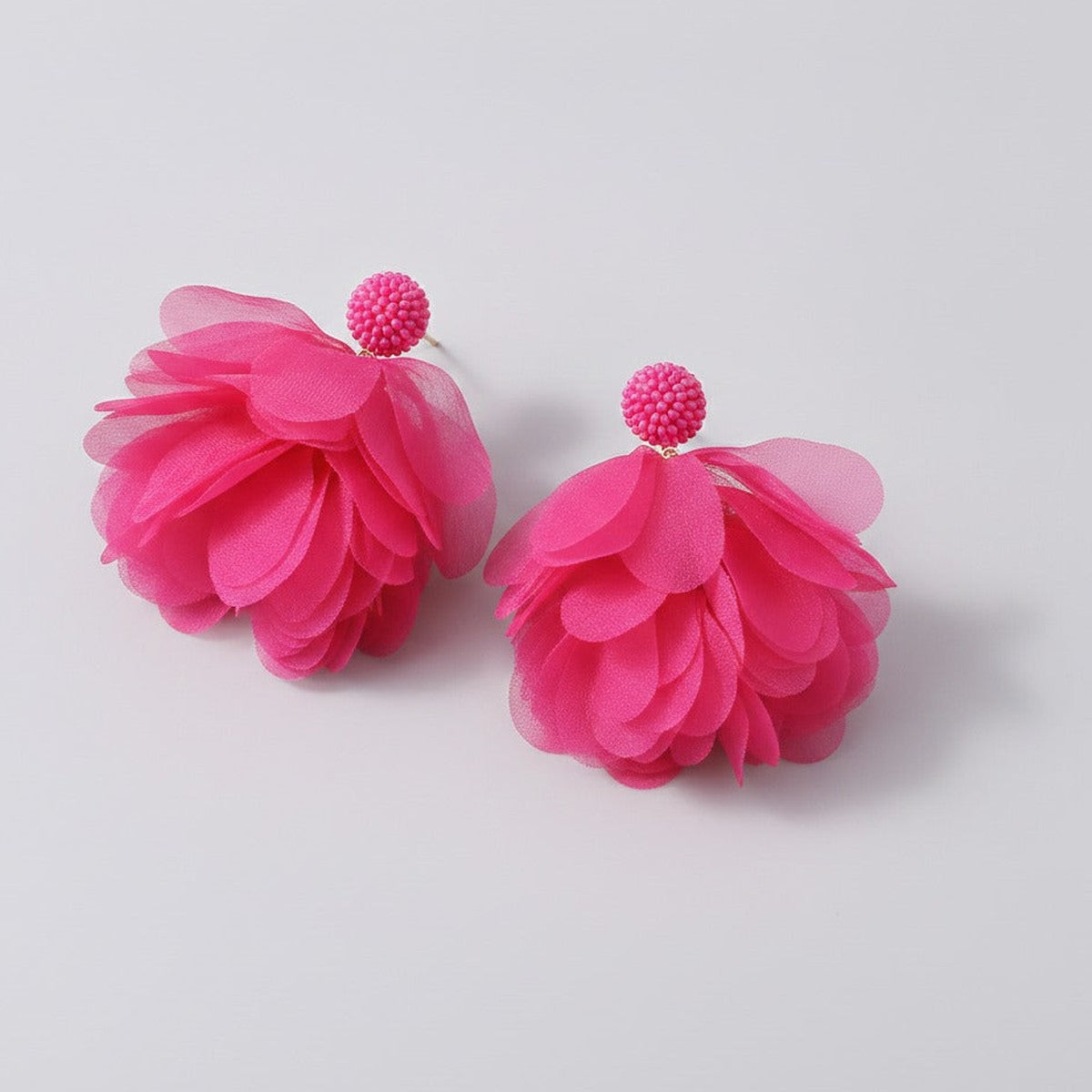 Pom Pom Petal Drop Earrings - Hot Pink