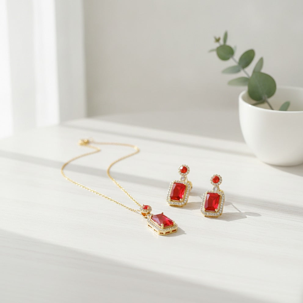 Emerald Cut Crystal Jewelry Set - Red