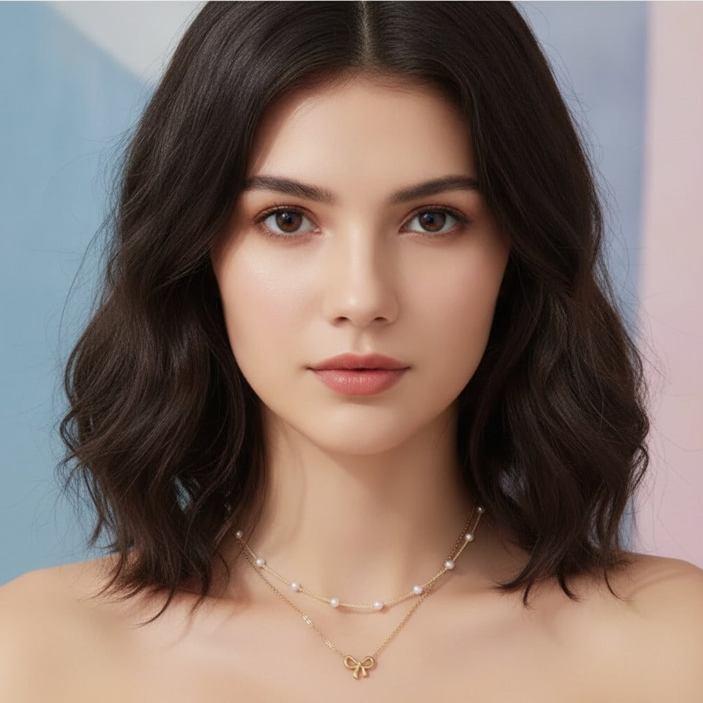 Layered Pearl Bow Necklace - Gold