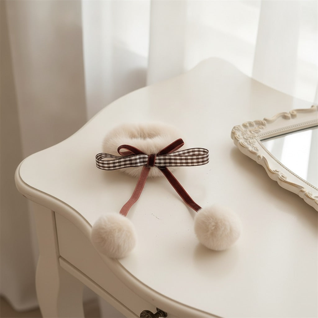 Crochet Bow Hair Clip with Pom - Cream
