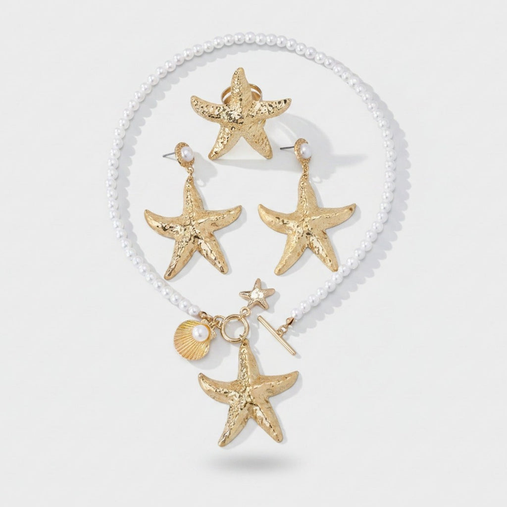 Pearl Beaded Starfish Gold Jewelry Set Ring (view 1)