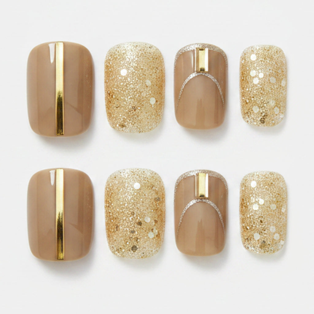 Metallic Glitter Press-On Nail Set - Gold Chrome & Glitter