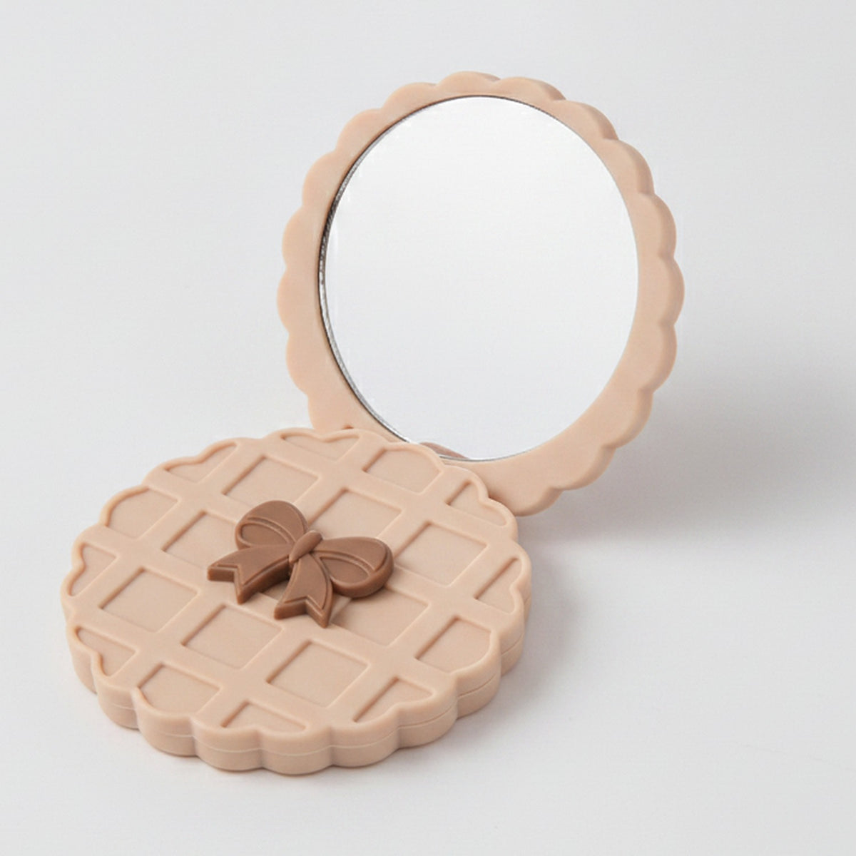 Quilted Peach Compact Mirror With Bow Charm – Korean beauty tool (view 1)