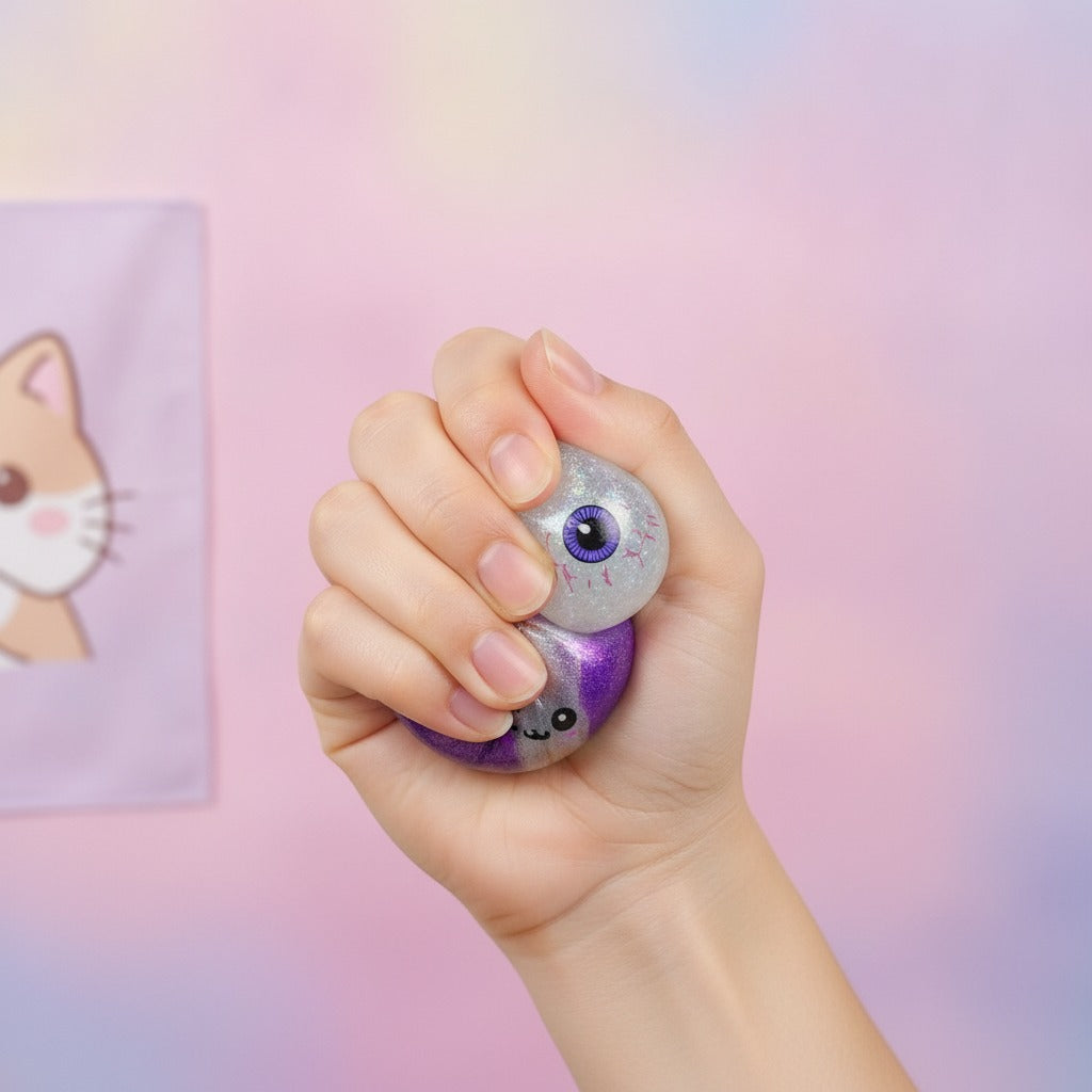 Spooky Dimple Squishy with Bamboo Steamer - White Eyeball - squeeze in hand