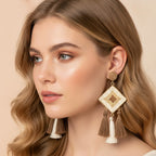 Woven Diamond Tassel Dangle Earrings - Coffee