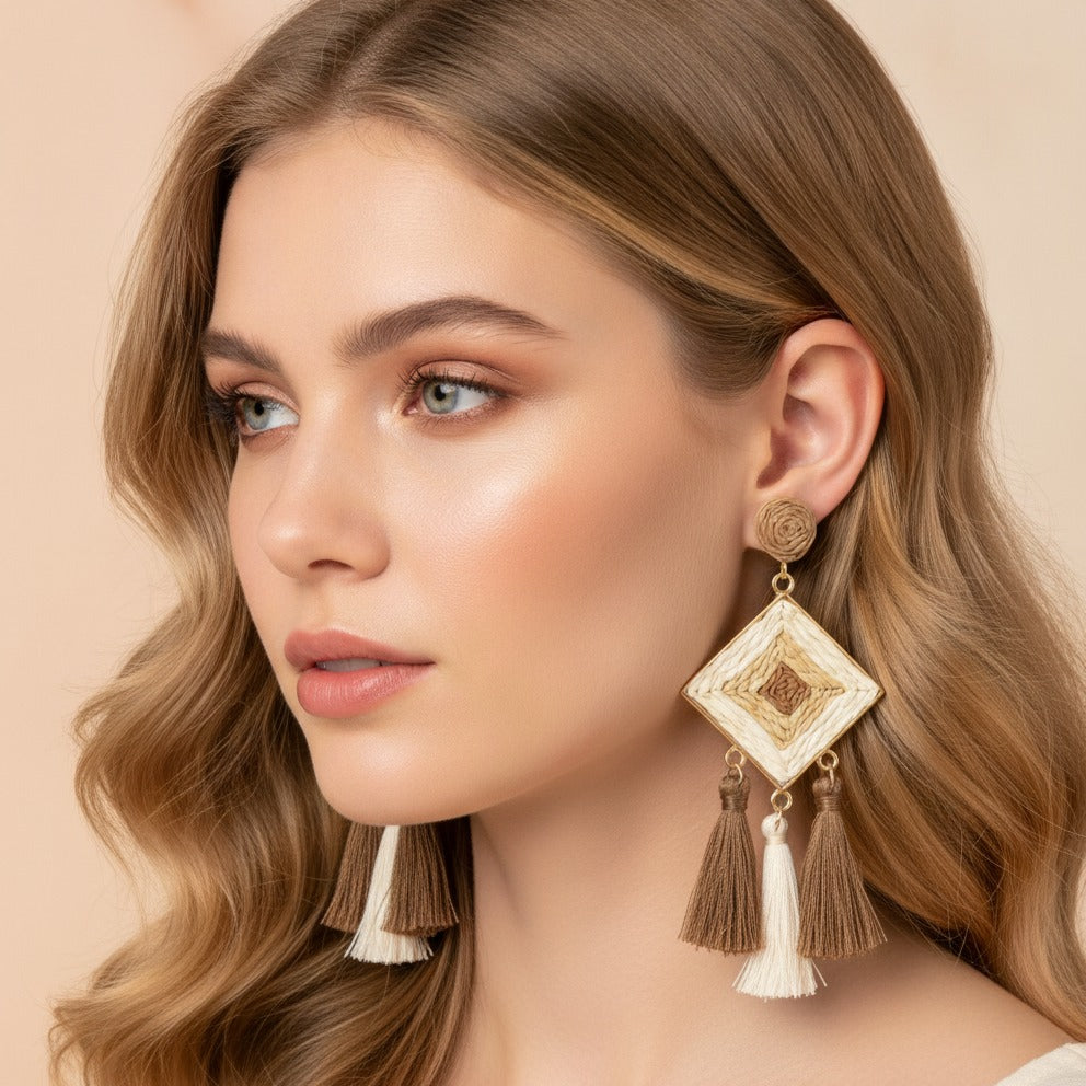 Woven Diamond Tassel Dangle Earrings - Coffee