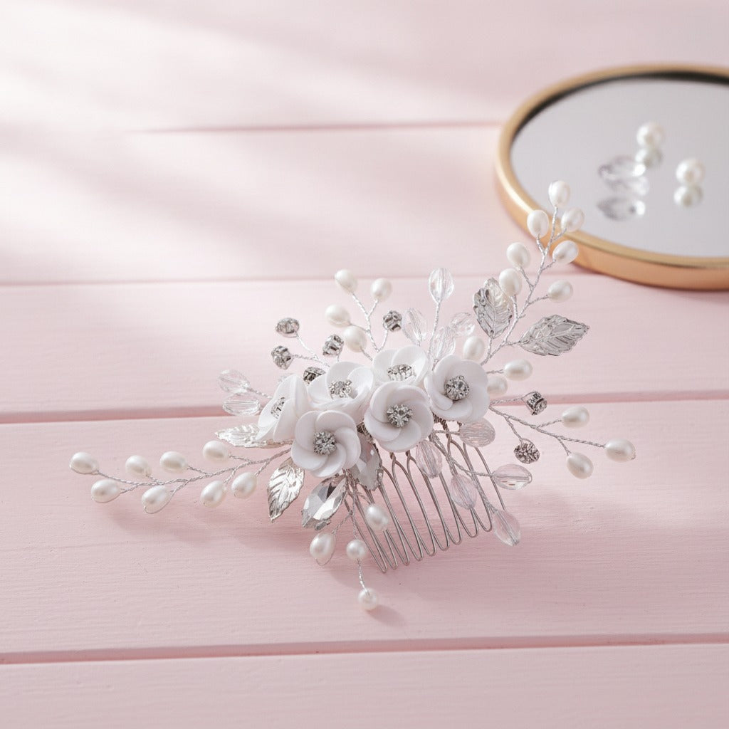 Pearl Flower Hair Comb Set - White Pearl