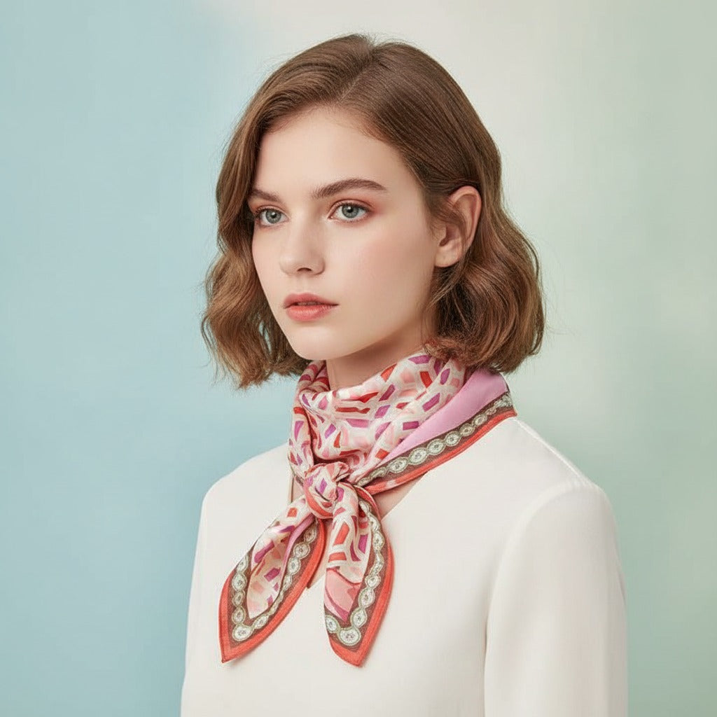 Pearl Border Silk Scarf - Coral Marble