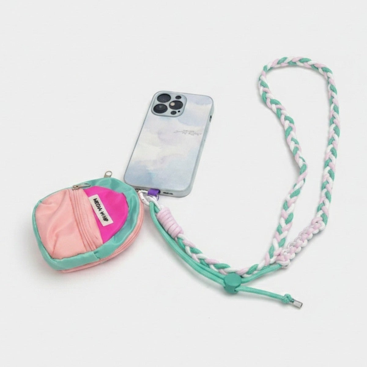 Braided Lanyard Phone Sling with Pouch - Adjustable Crossbody Mint Green Pink White Long Rope + Backpack Coin Pouch + Pink T (view 1)