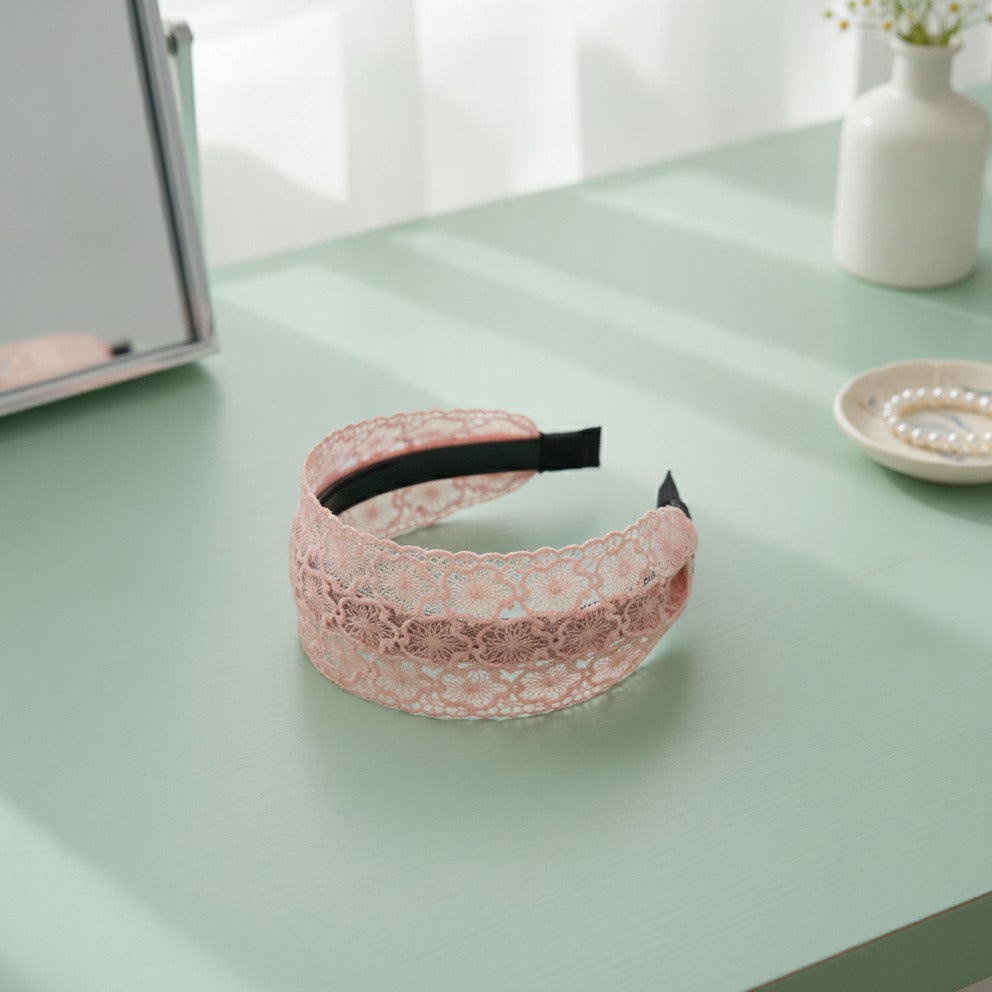 Embroidered Lace Padded Headband - Pink