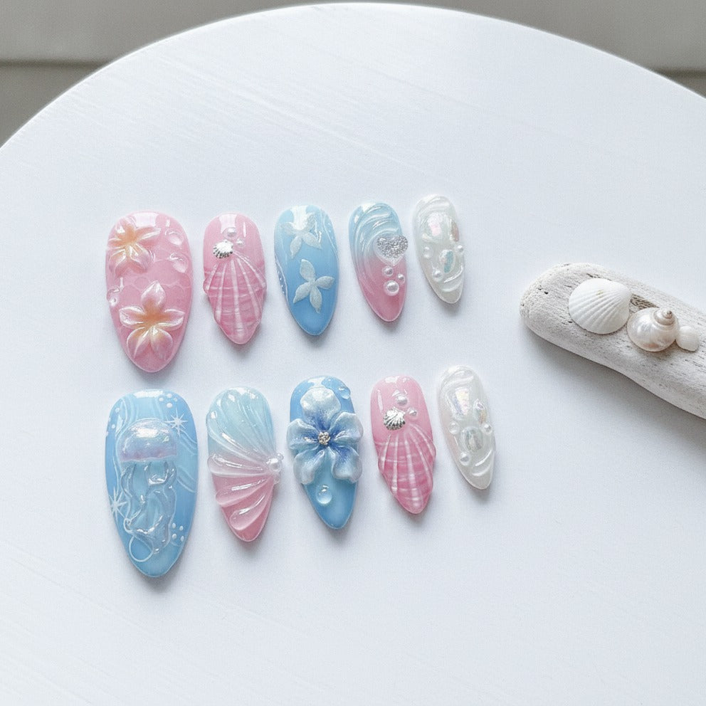 Ocean Bloom 3D Press-On Nails - Type 2
