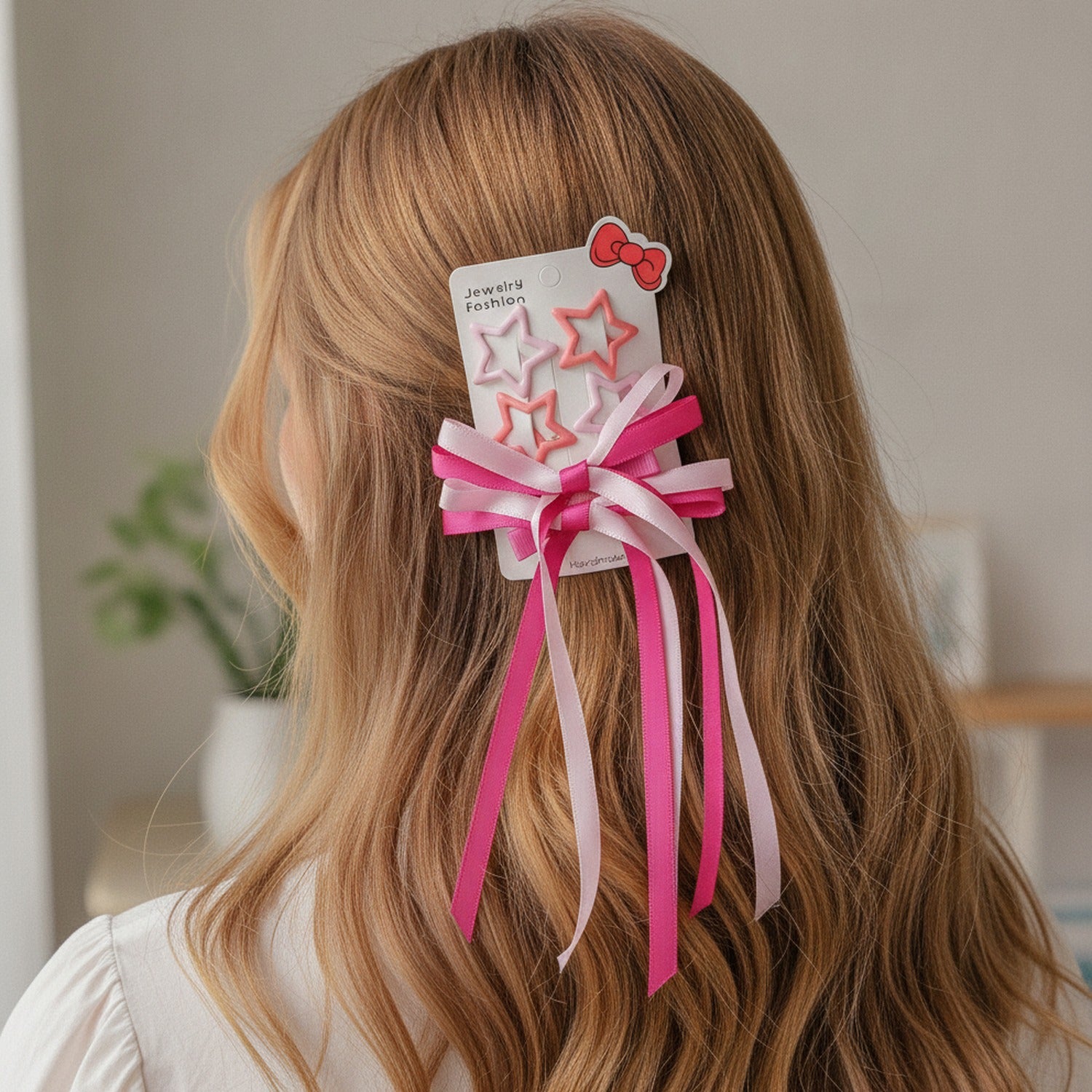 Star & Bow Hair Clip Set Pink & Light Pink