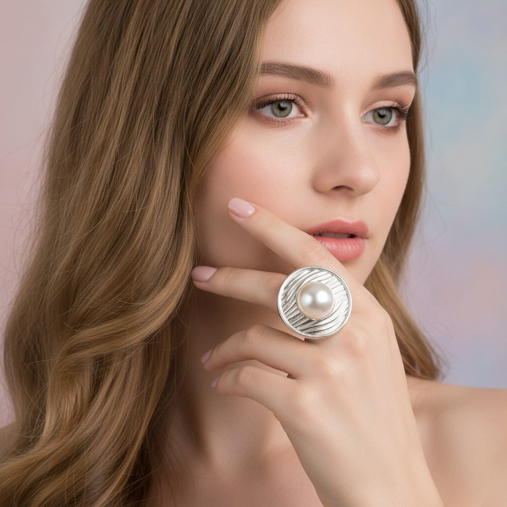 Pearl Swirl Statement Ring - Silver