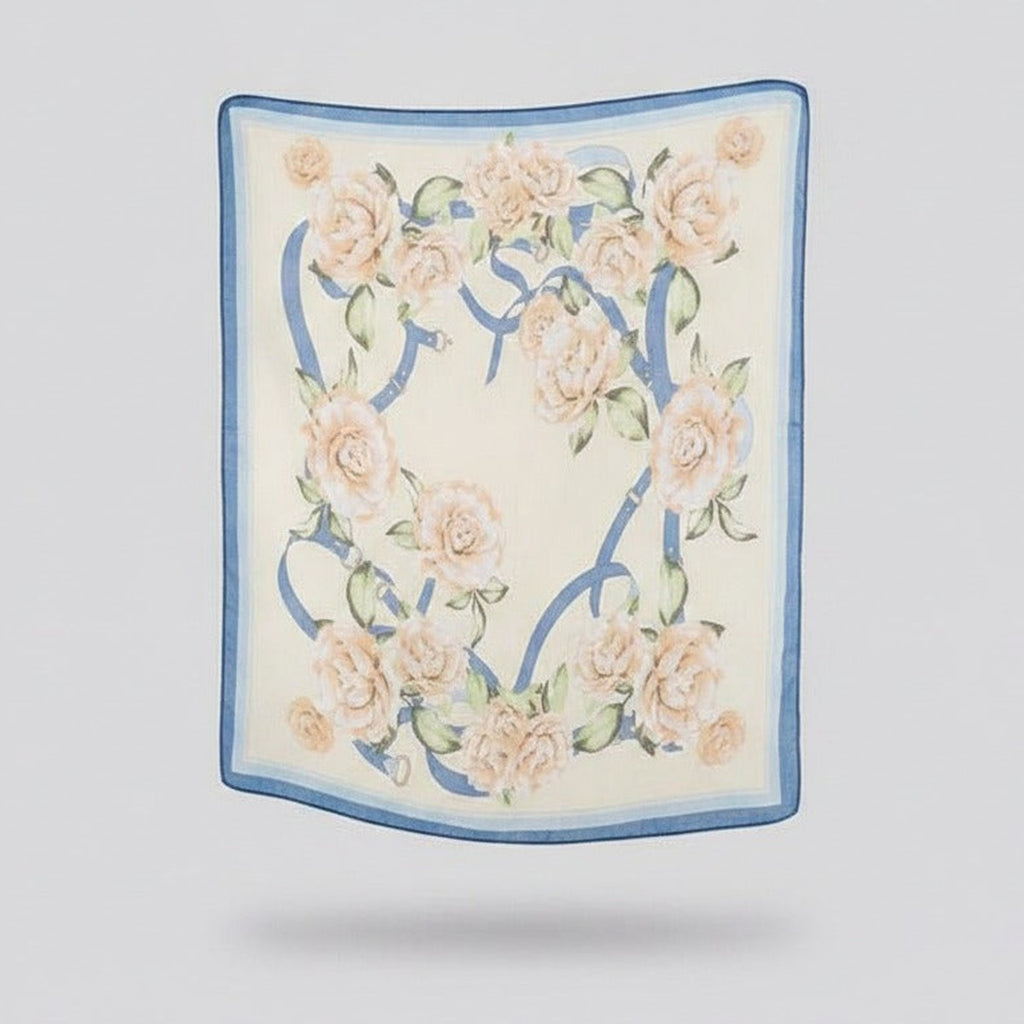Floral Ribbon Square Scarf - Cream & Blue
