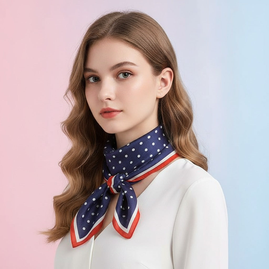 Polka Dot Silk Square Scarf - Navy & Coral