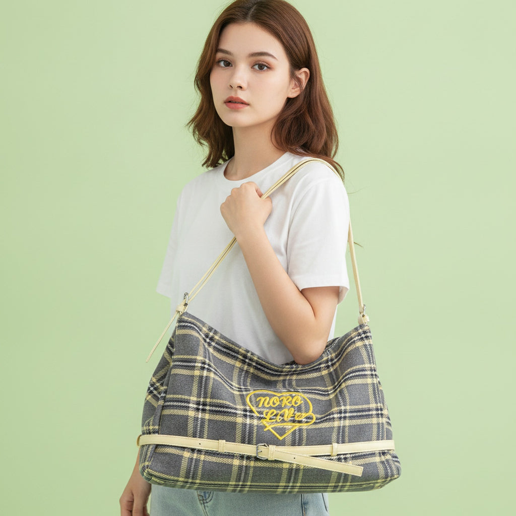 Plaid Shoulder Tote with Logo - Gray & Gold Plaid