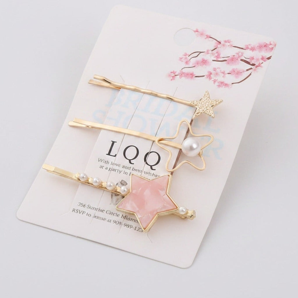Gold Star Pearl Hair Clips Set Pink Floral – hair accessories (view 1)