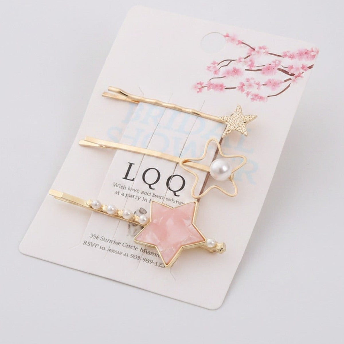 Gold Star Pearl Hair Clips Set Pink Floral – hair accessories (view 1)
