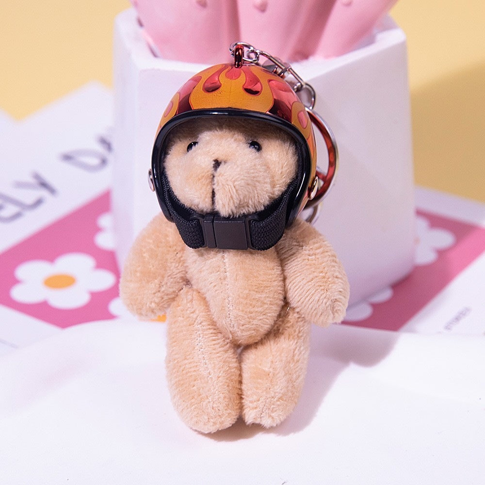 Motorcycle Helmet Bear Plush Keychain Bag Charm Toy - Orange