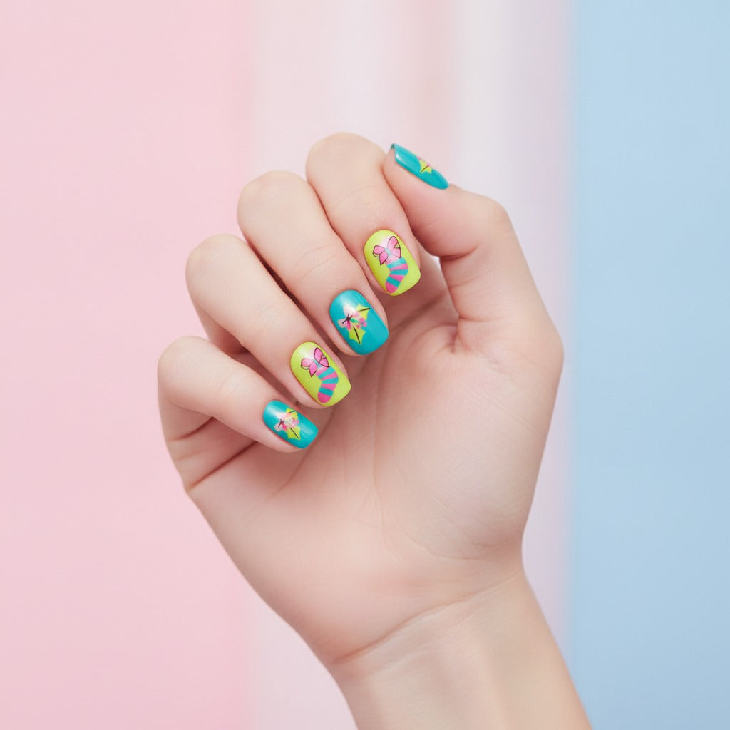 Playful Bow & Star Nail Set - Neon Yellow & Teal